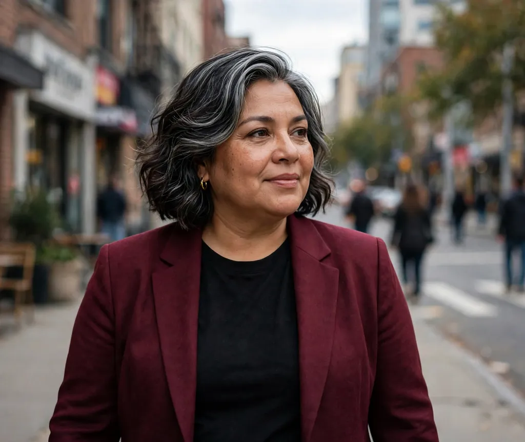 Plus-size woman in her 50s with a wavy bob and side sweep on a city street