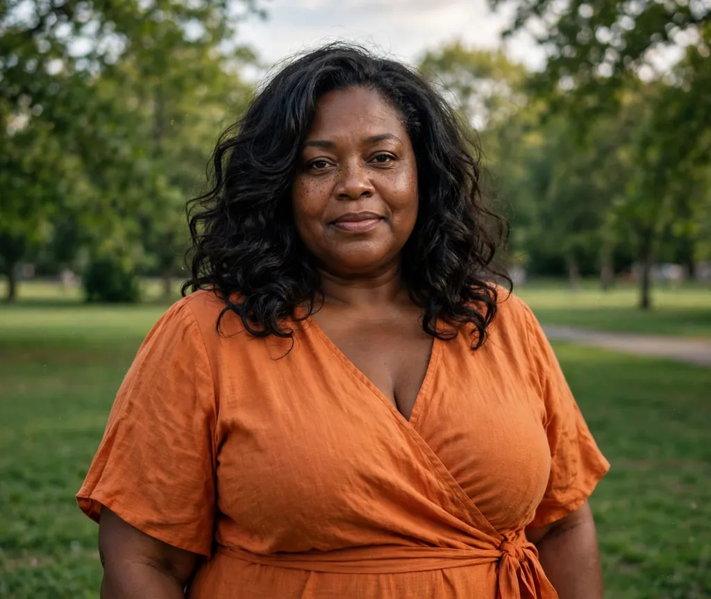 Plus-size Black woman with a defined wavy curly hair blend in a park
