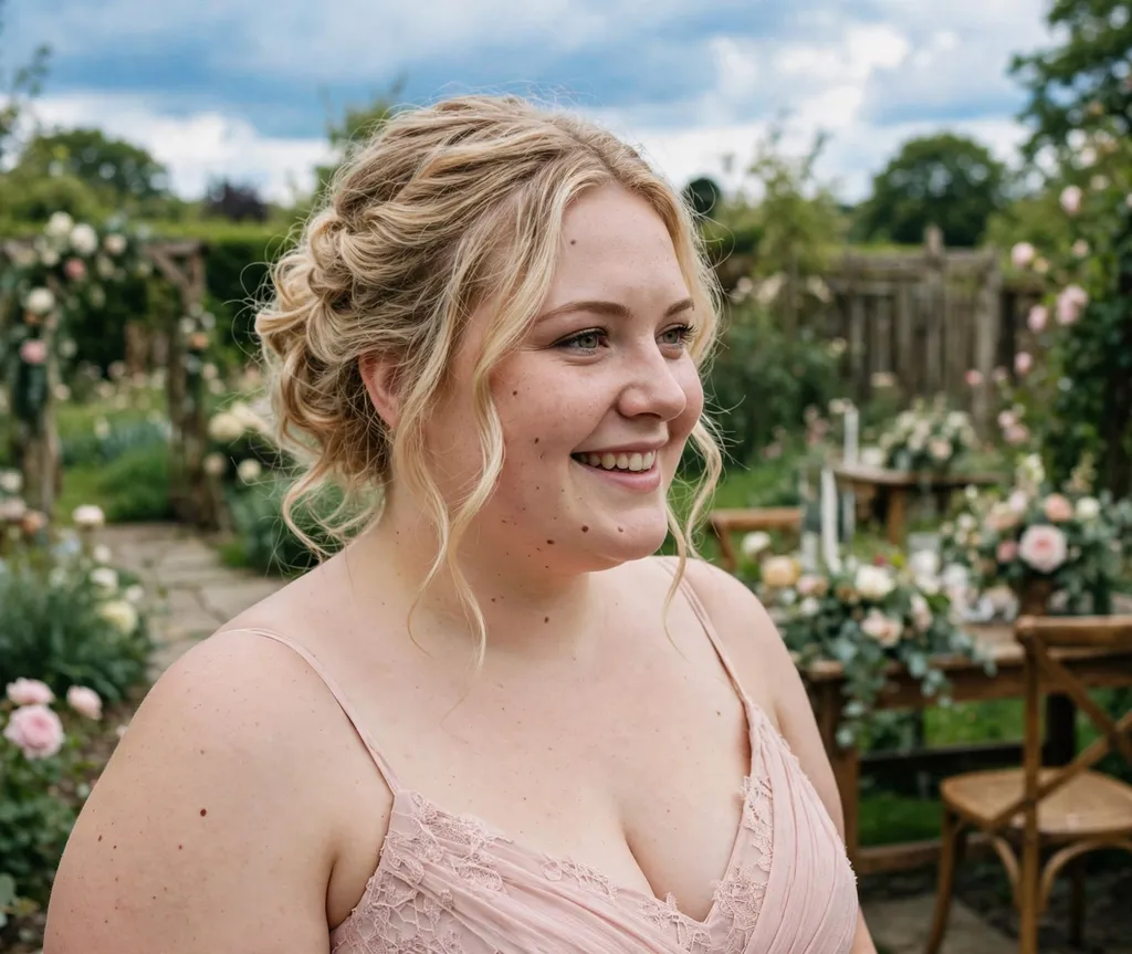 Plus-size young woman with a soft romantic wavy updo at a wedding venue