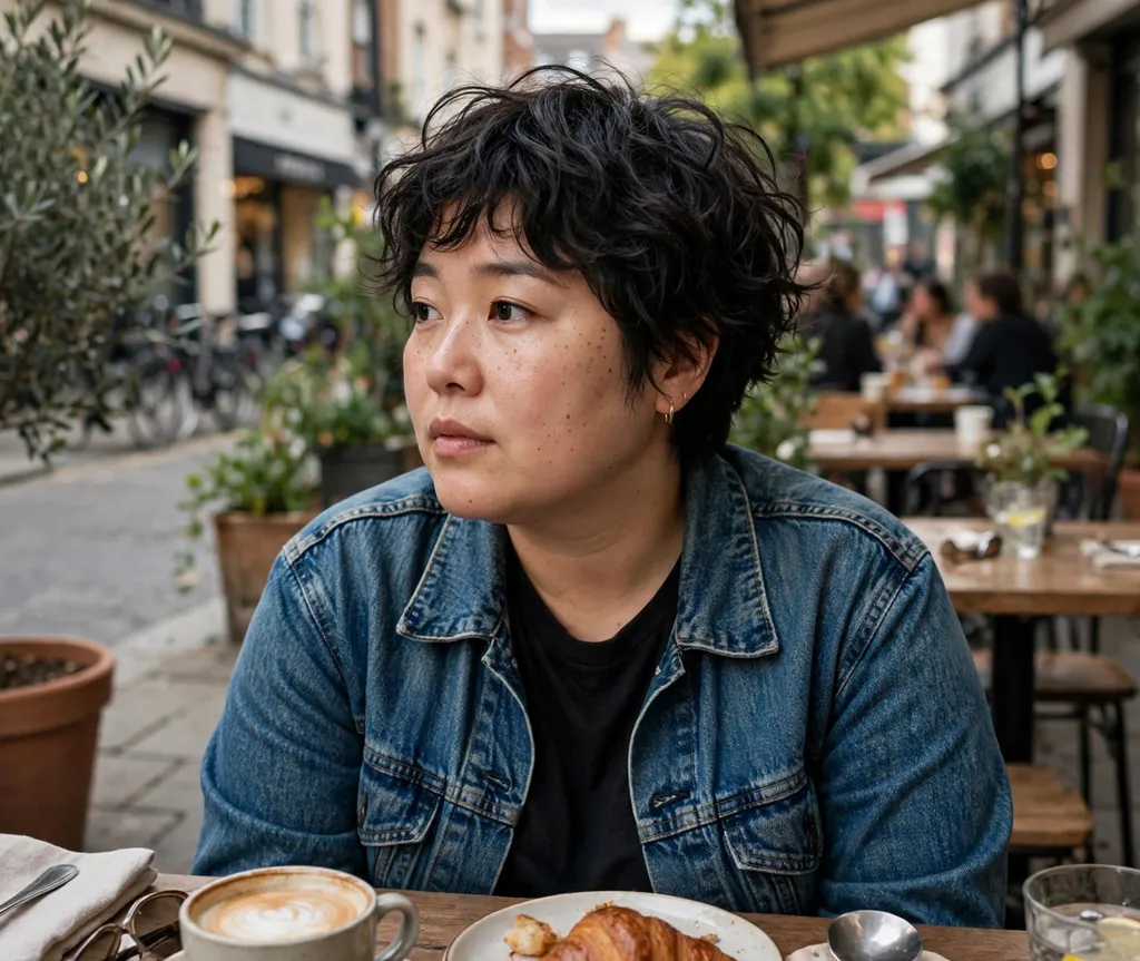 Plus-size East Asian woman with a tousled wavy pixie cut at a street cafe