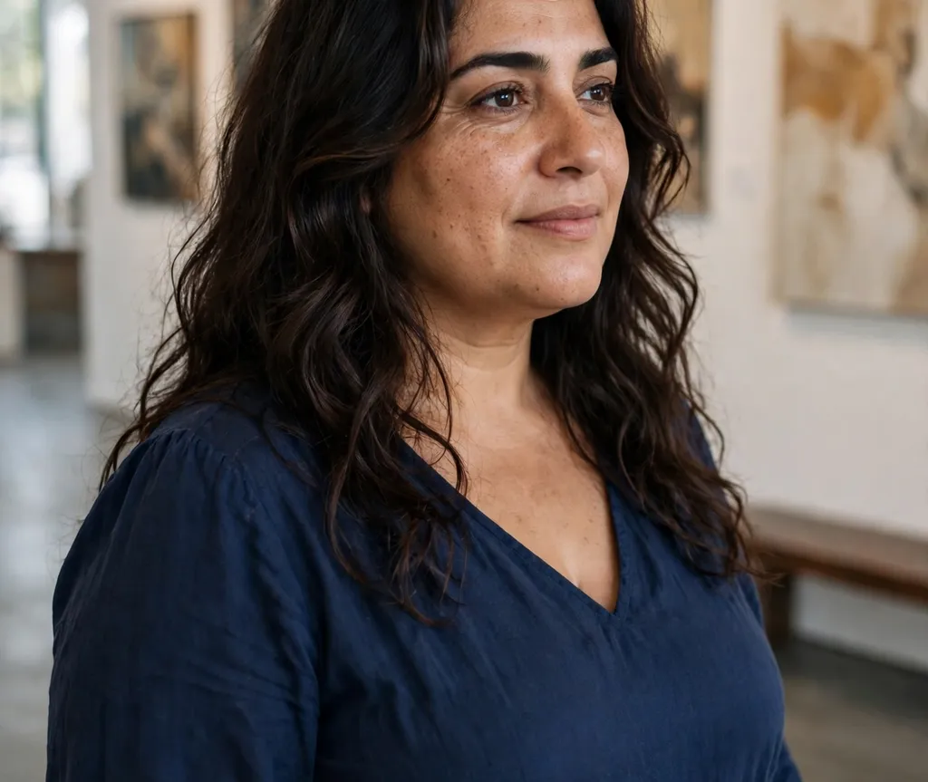 Plus-size Middle Eastern woman with face-framing wavy layers at an art gallery