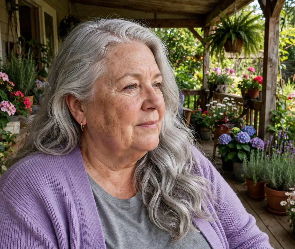 Plus-size woman in her 60s with deep side part long silver waves in a garden