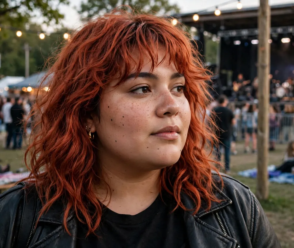 Plus-size young Latina woman with a wavy shag and wispy bangs at a concert