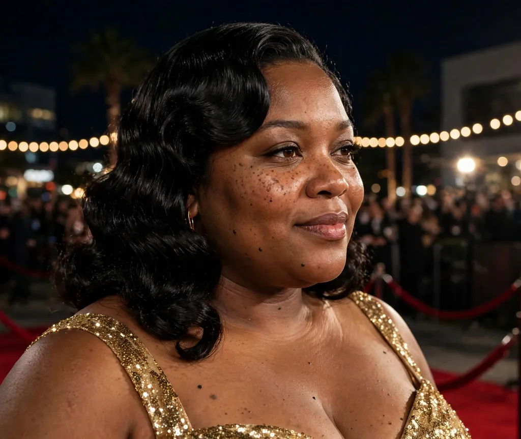 Plus-size Black woman with Hollywood glam waves in a gold gown on the red carpet