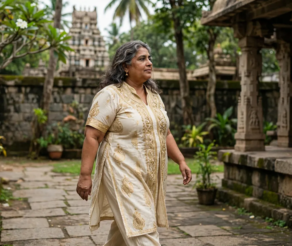 Plus-size South Asian woman with natural wavy hair and a middle part in a temple garden