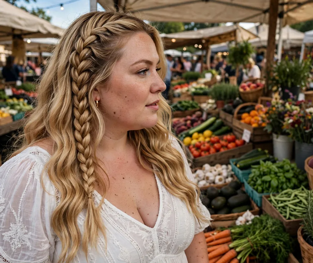 Plus-size woman with a chunky wavy braid accent at a farmers market