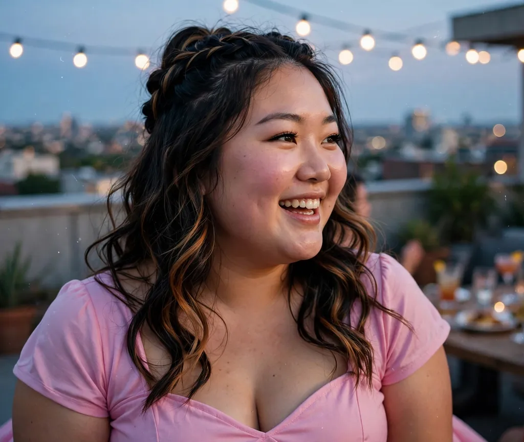 Plus-size East Asian woman with a wavy half-up crown hairstyle at a rooftop party