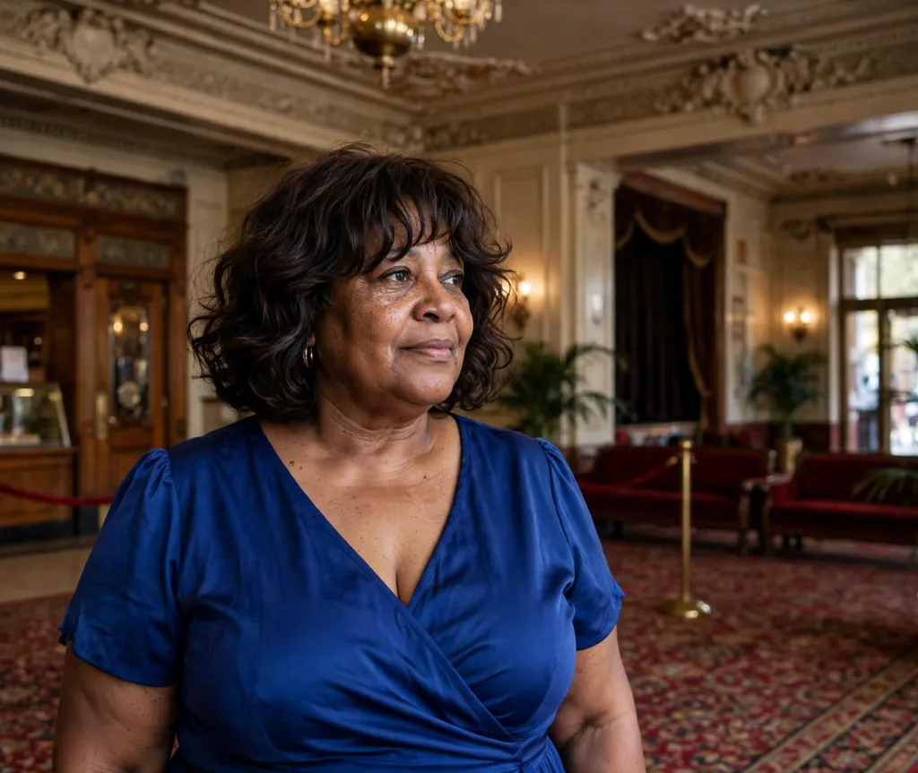 Plus-size Black woman in her 50s with a bouncy wavy bob and bangs in a theater lobby