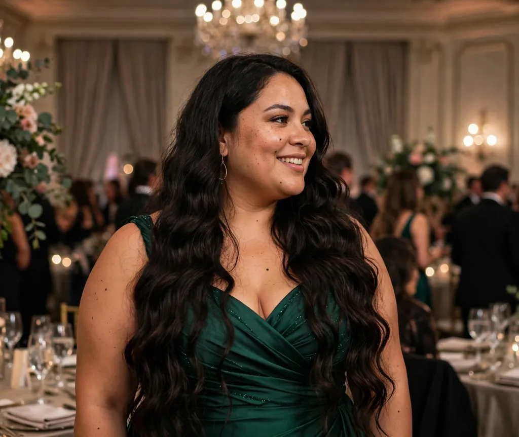 Plus-size Latina woman with long mermaid waves in an emerald gown at a gala