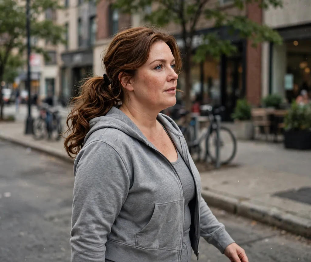 Plus-size woman with a low wavy ponytail with volume outdoors
