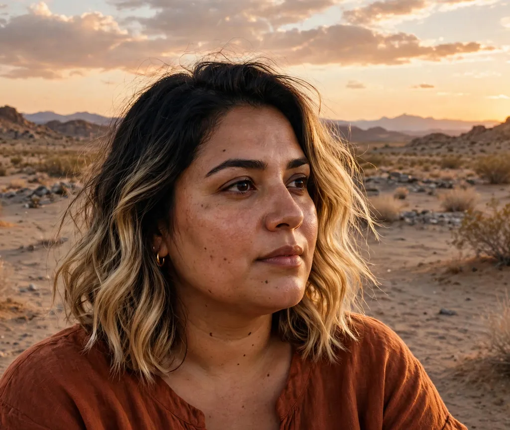 Plus-size Middle Eastern woman with a wavy lob and blonde balayage at desert sunset