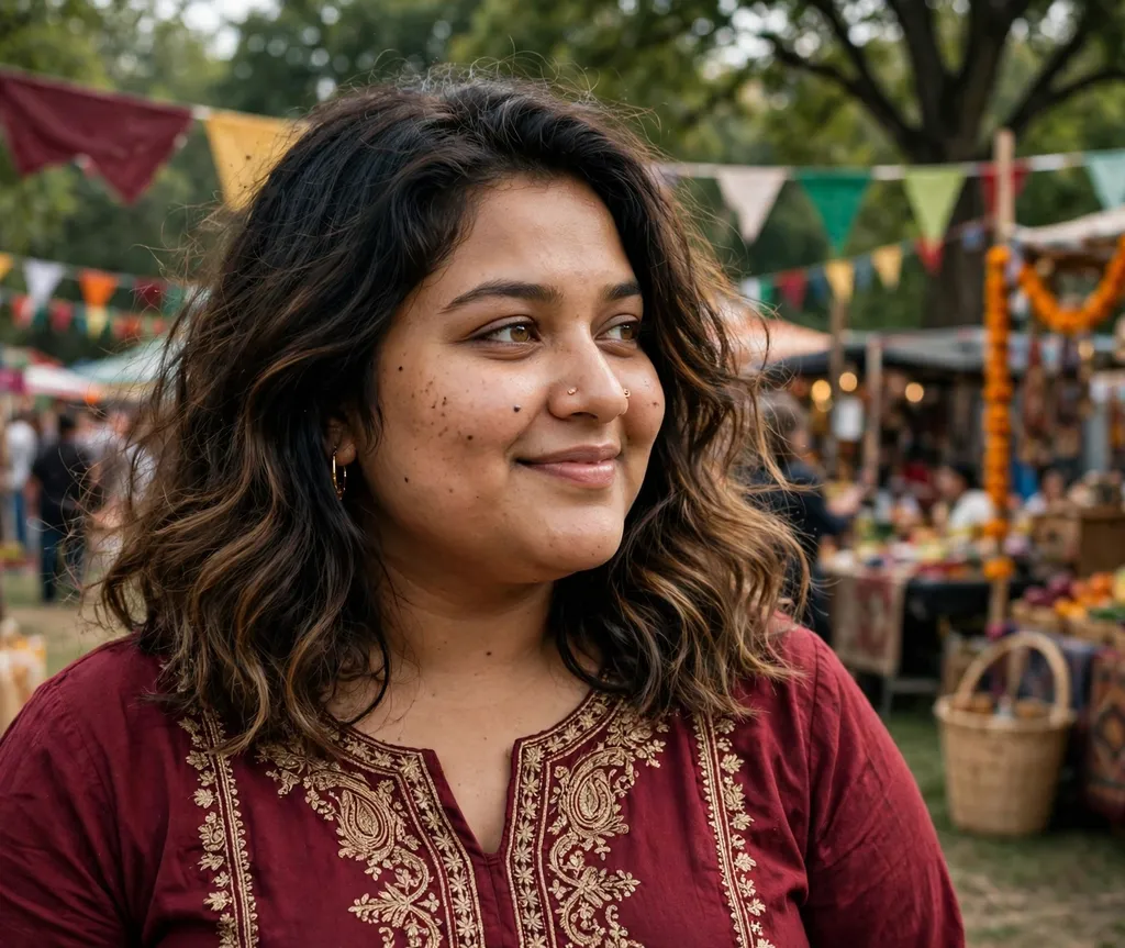 Plus-size young South Asian woman with shoulder-length waves and dark roots at a festival