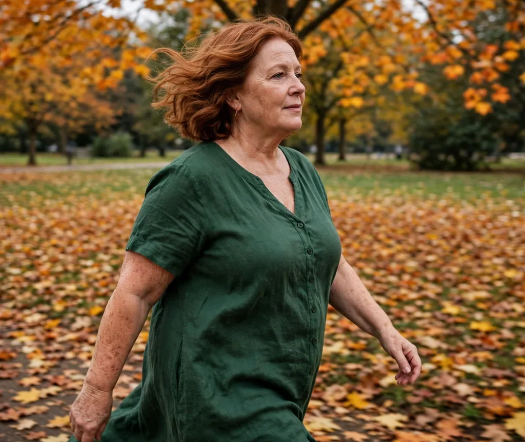 Plus-size woman in her 50s with a textured wavy bob in copper tones in an autumn park