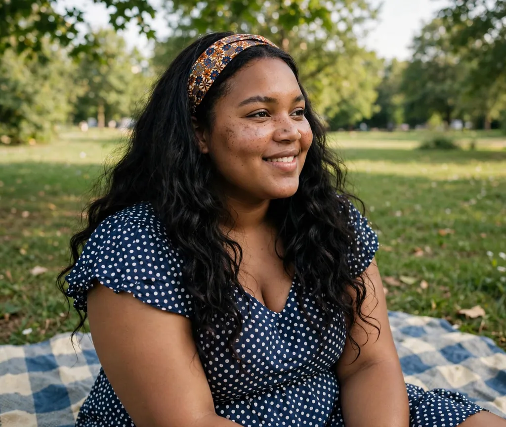 Plus-size young Black woman with loose waves and a headband at a picnic