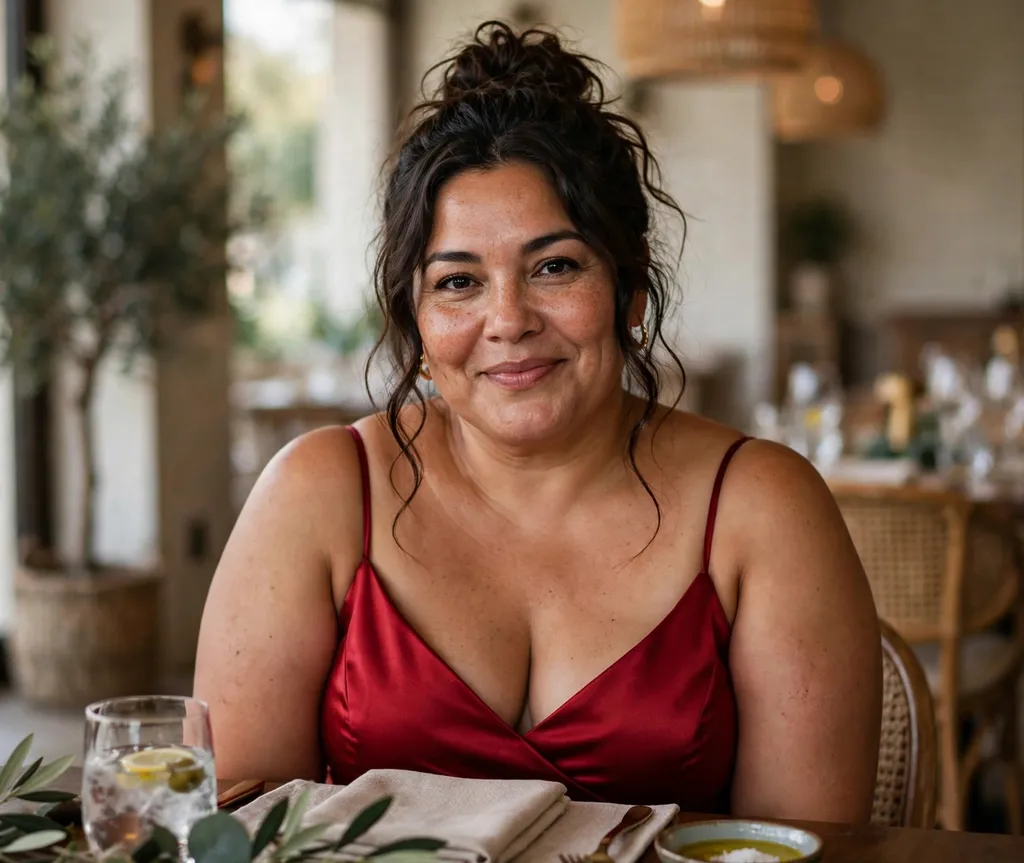 Plus-size Latina woman with a wavy high bun and face-framing tendrils at a restaurant