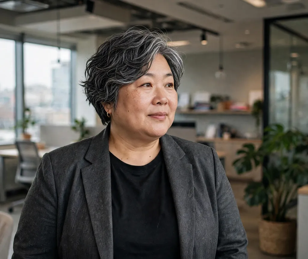 Plus-size East Asian woman in her 50s with a side-swept wavy pixie cut in an office