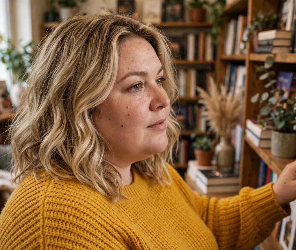 Plus-size woman with a wavy midi cut with layers in a bookstore
