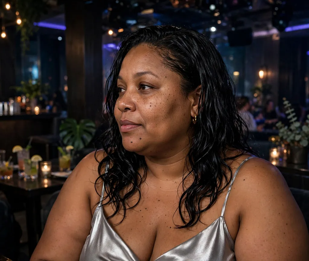 Plus-size Black woman with glossy wet-look waves in a silver dress at night