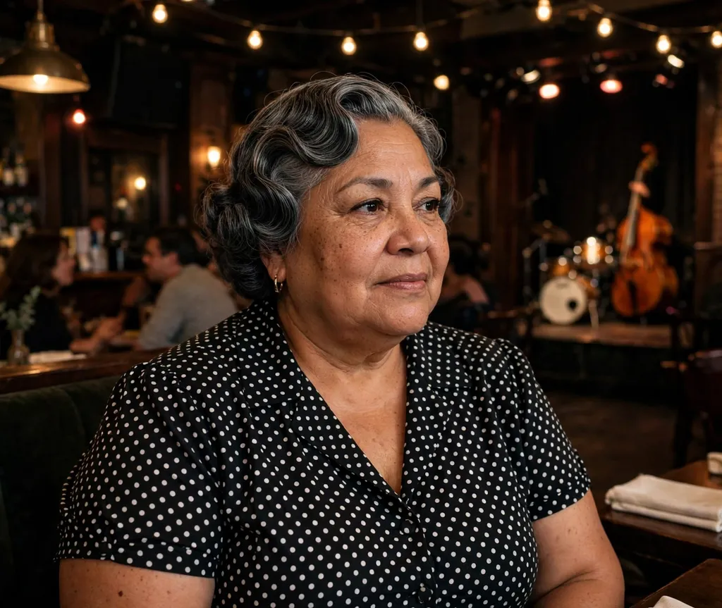 Plus-size Latina woman in her 60s with retro finger waves at a jazz club