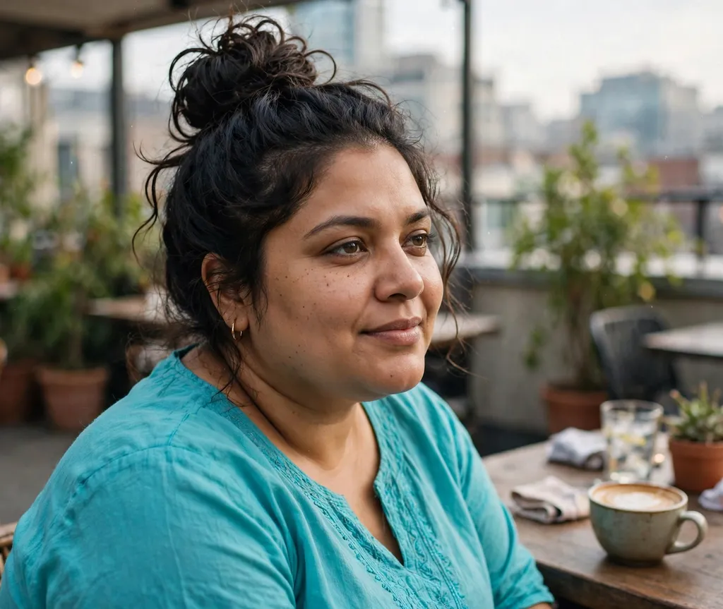 Plus-size South Asian woman with a textured wavy top knot at a rooftop cafe