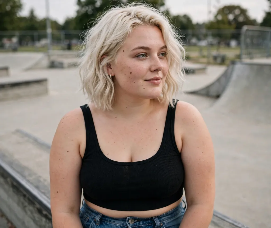 Plus-size young woman with an asymmetrical wavy bob at a skate park