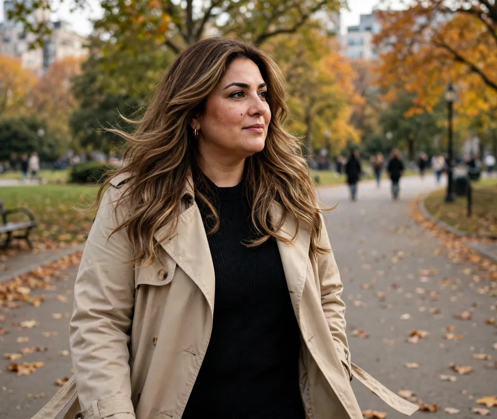 Plus-size Middle Eastern woman with wavy layers and honey highlights in a city park