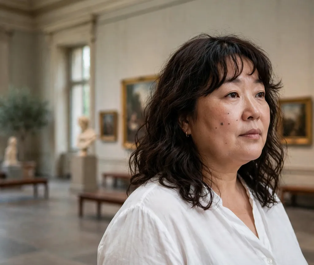 Plus-size East Asian woman with a wavy curtain cut and fringe at a museum