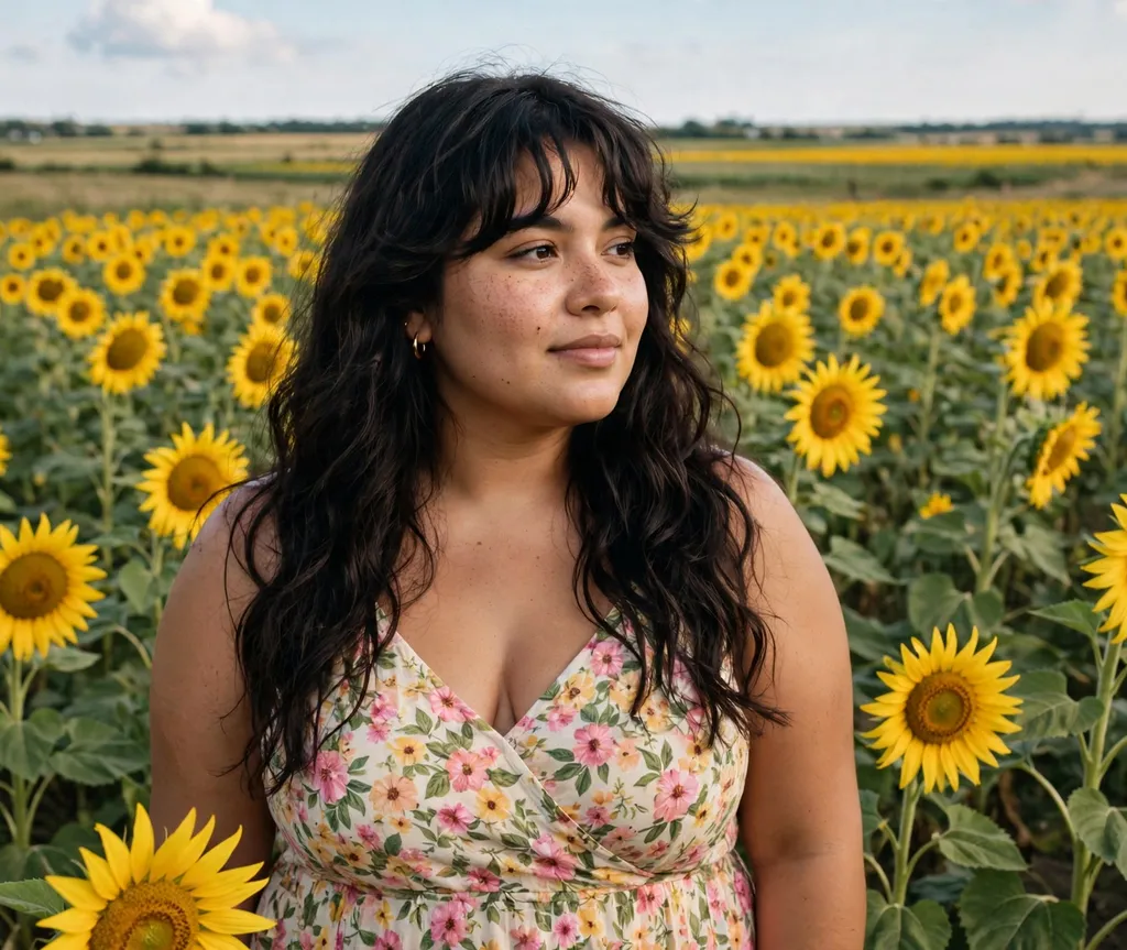 Plus-size young Latina woman with long wavy hair and bangs in a sunflower field