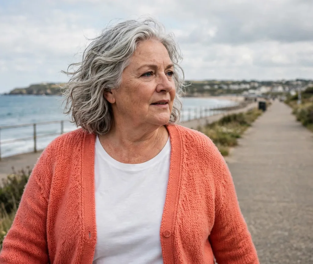 Plus-size woman in her 60s with a textured wavy shoulder-length cut at the seaside