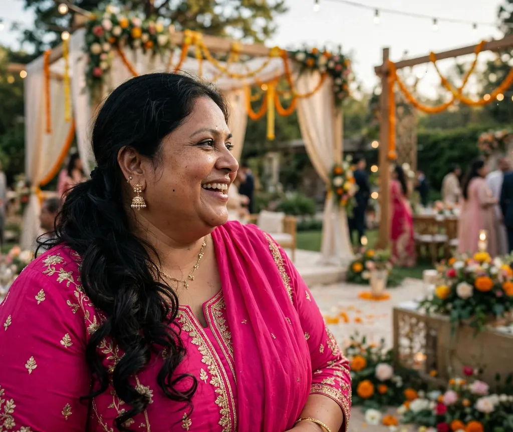 Plus-size South Asian woman with a wavy side ponytail at a wedding function