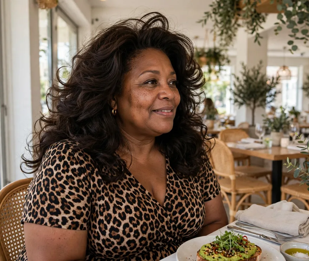 Plus-size Black woman in her 50s with a voluminous wavy blowout at brunch