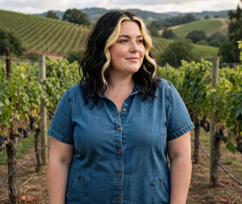Plus-size woman with a wavy lob and money piece highlights at a vineyard