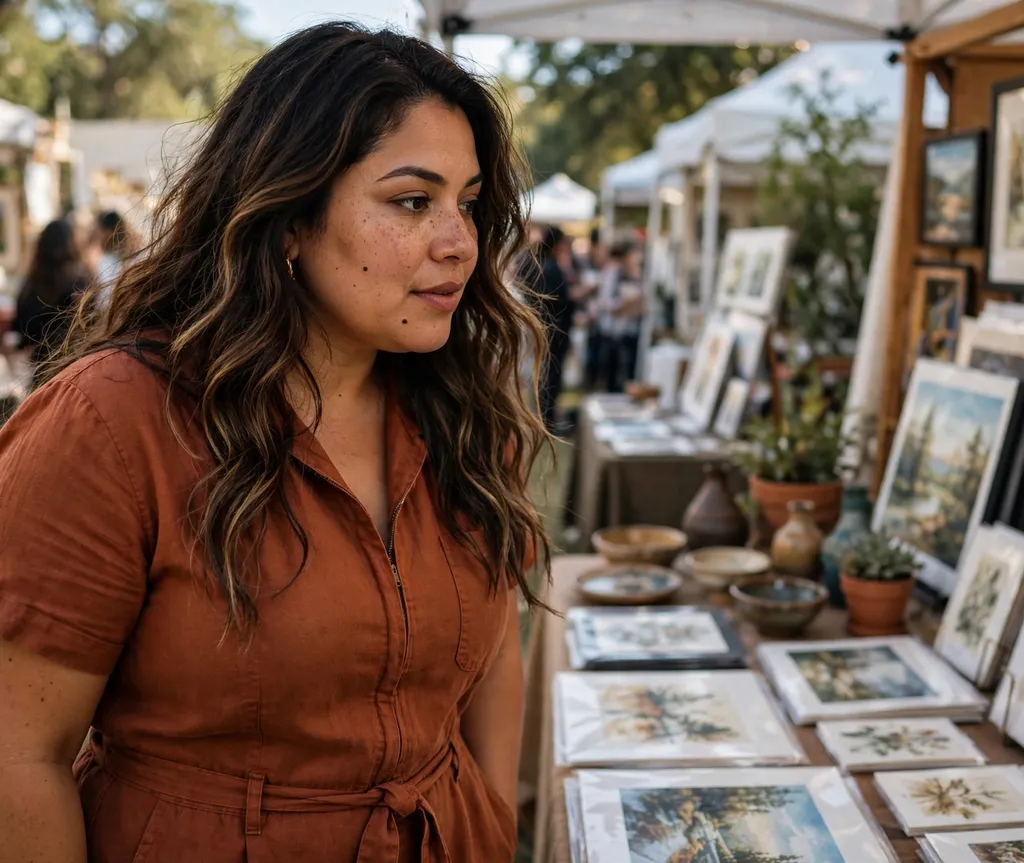 Plus-size Latina woman with wavy caramel balayage on brunette hair at an art fair