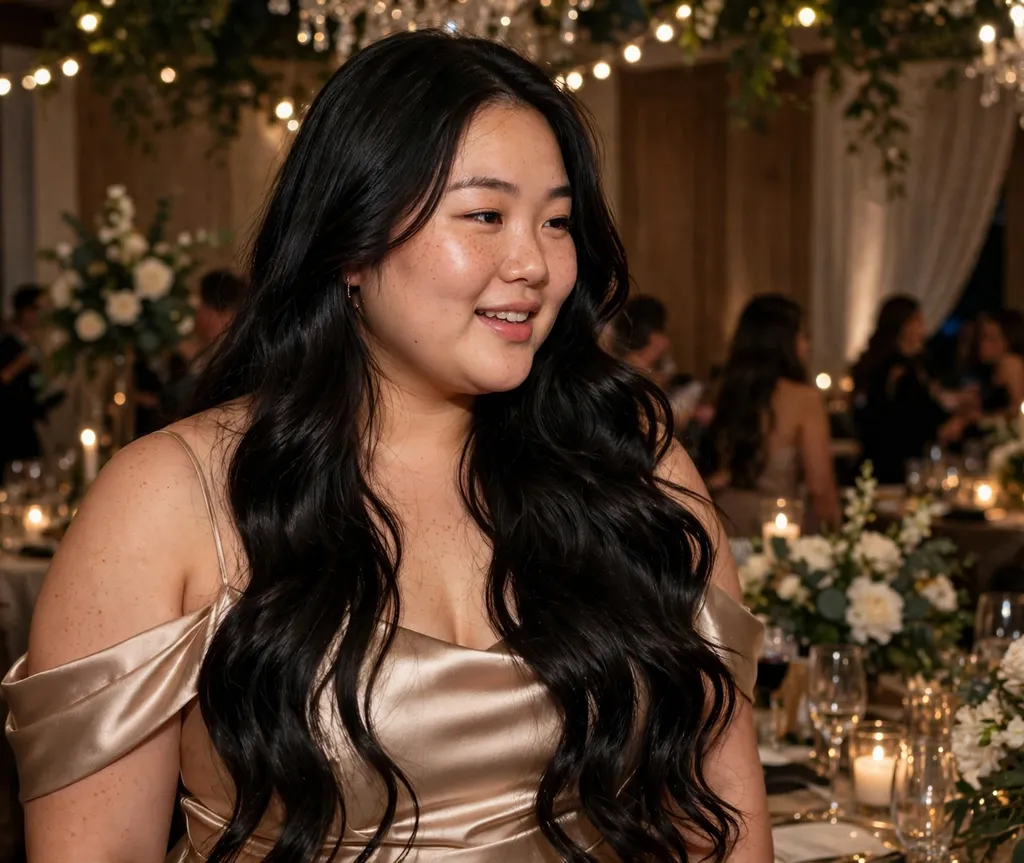 Plus-size East Asian woman with cascading glossy wavy layers in a champagne satin dress