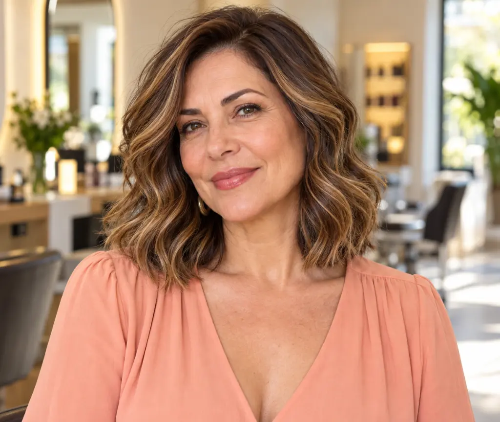 Wavy Lob with Caramel Highlights