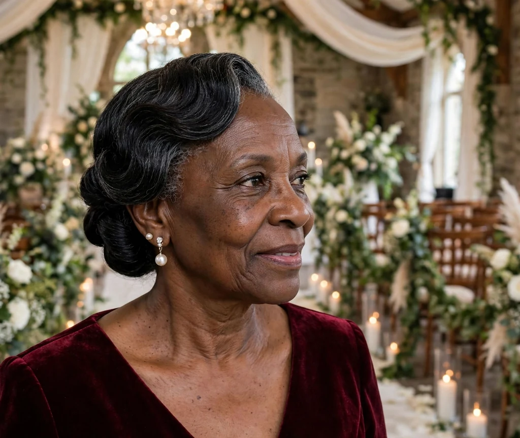 Elegant French twist wedding hairstyle on a woman over 50