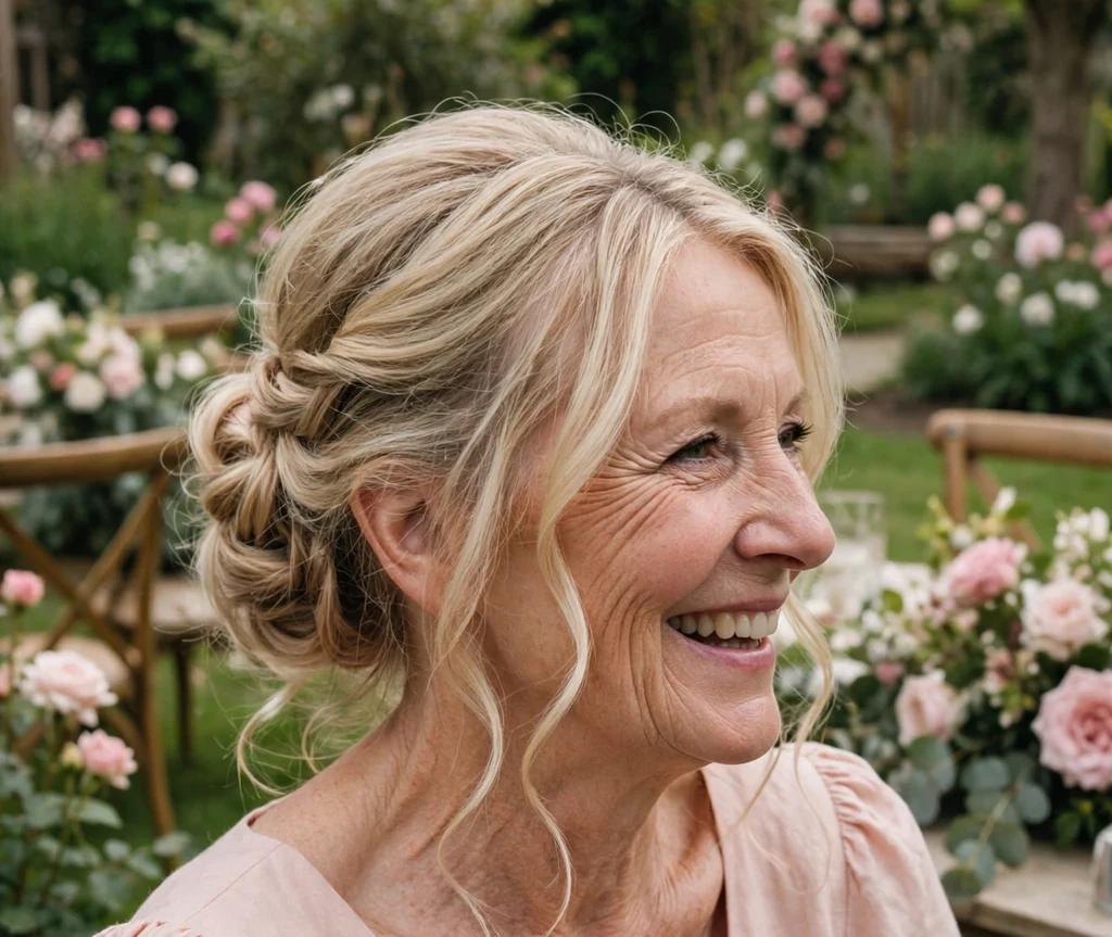 Soft romantic wedding updo with face-framing tendrils on a woman in her 50s