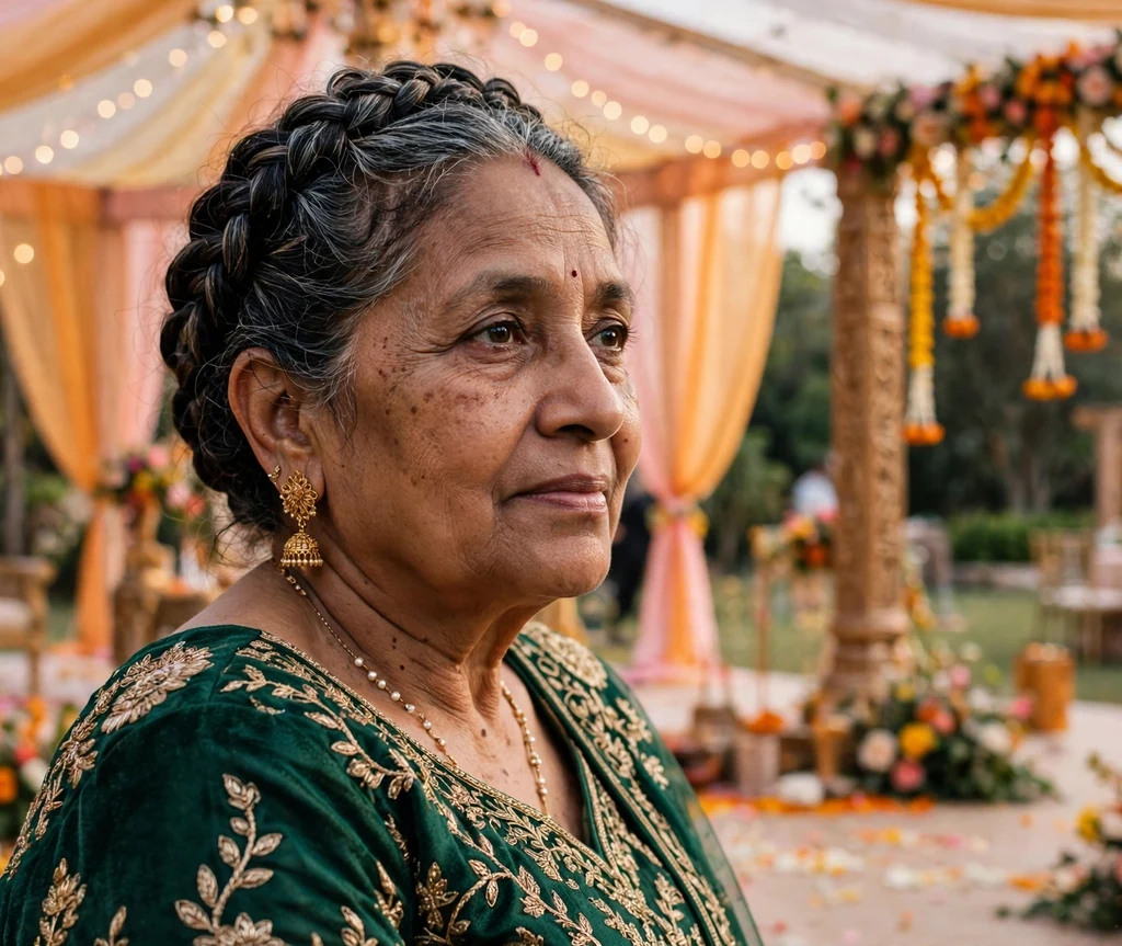 Braided crown wedding updo on a woman in her 60s