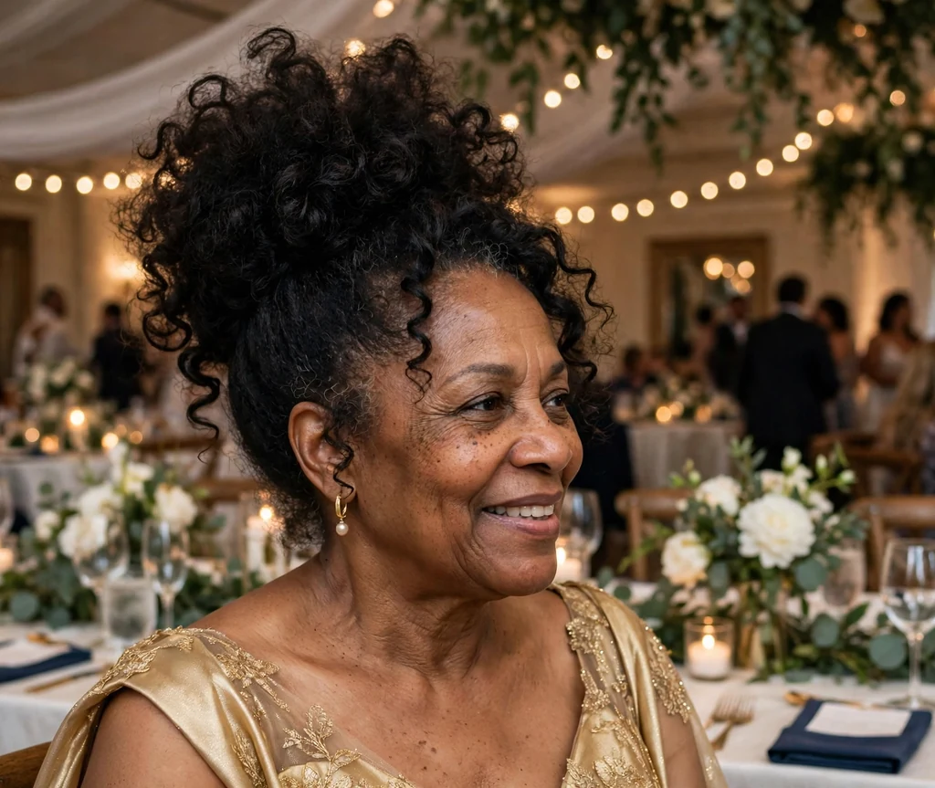 Voluminous curly wedding updo on a Black woman in her 50s