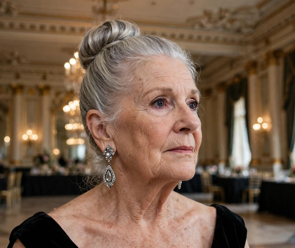 Polished high bun wedding hairstyle on a woman over 50