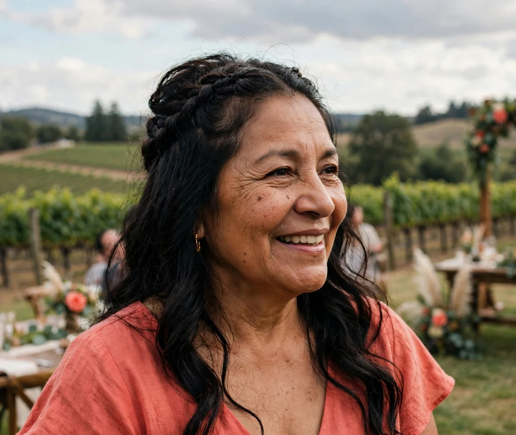 Half-up twisted crown wedding hairstyle on a woman in her 50s