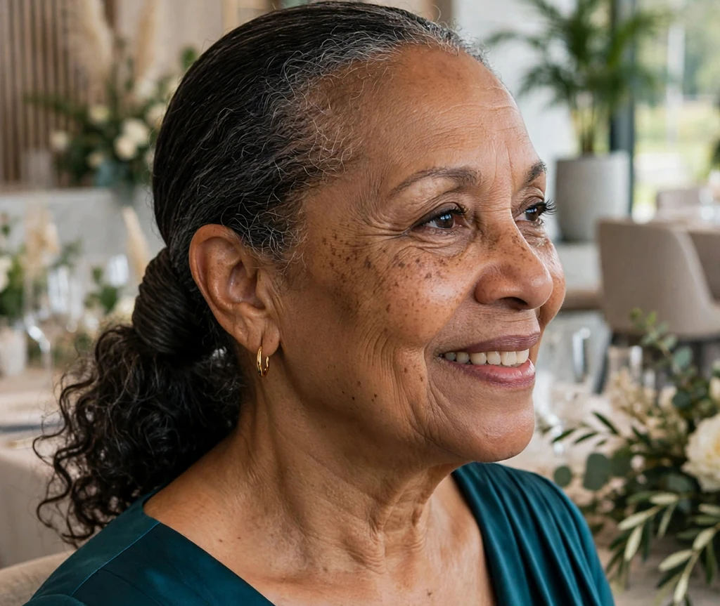 Elegant low ponytail with wrapped base on a woman in her 60s
