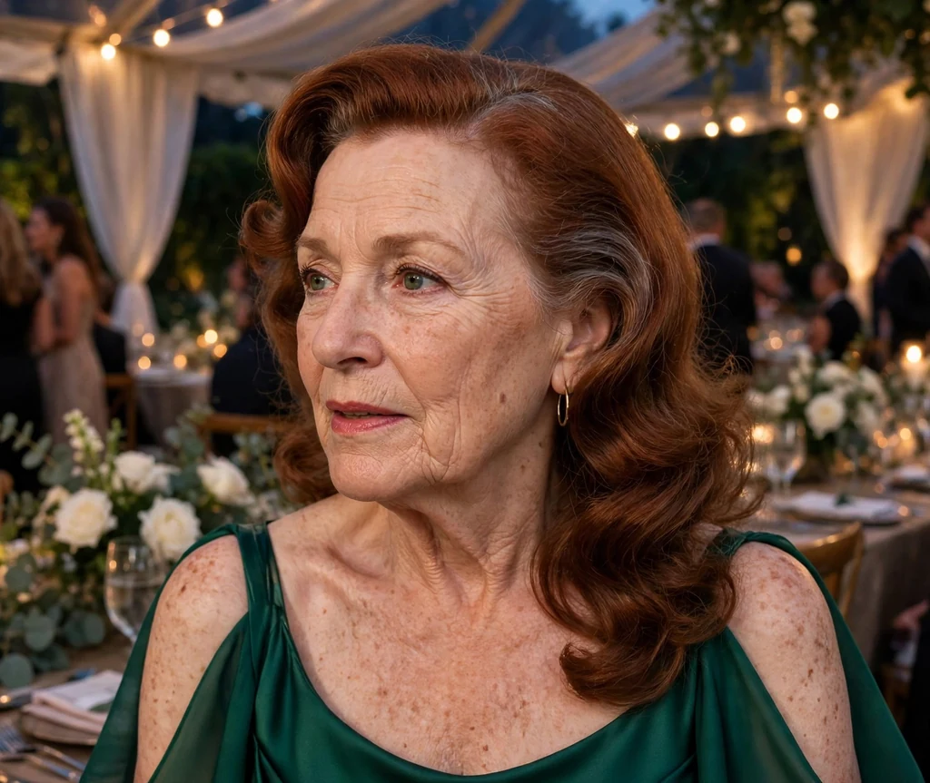 Side-swept waves wedding hairstyle on a woman in her 50s
