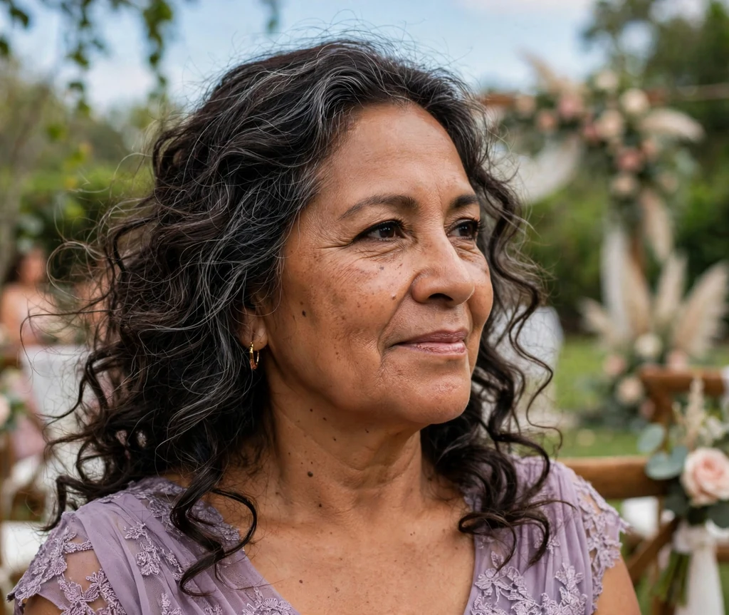 Romantic loose curls wedding hairstyle on a woman over 50