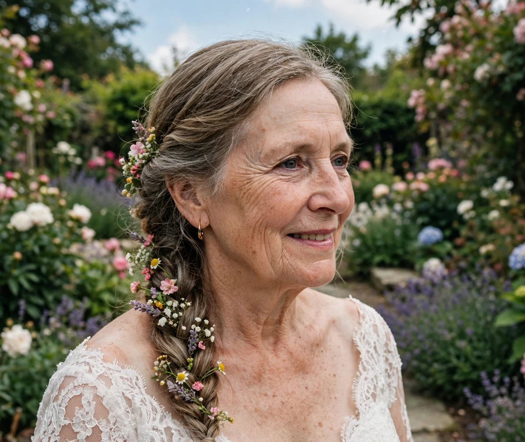 Bridal braid with fresh flowers on a woman in her 50s