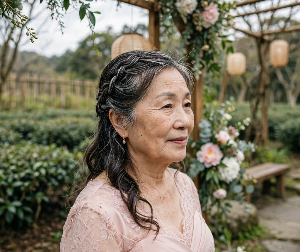 Waterfall braid half-up wedding hairstyle on a woman in her 60s