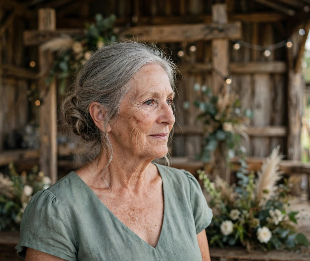 Messy elegant low bun wedding hairstyle on a woman over 50