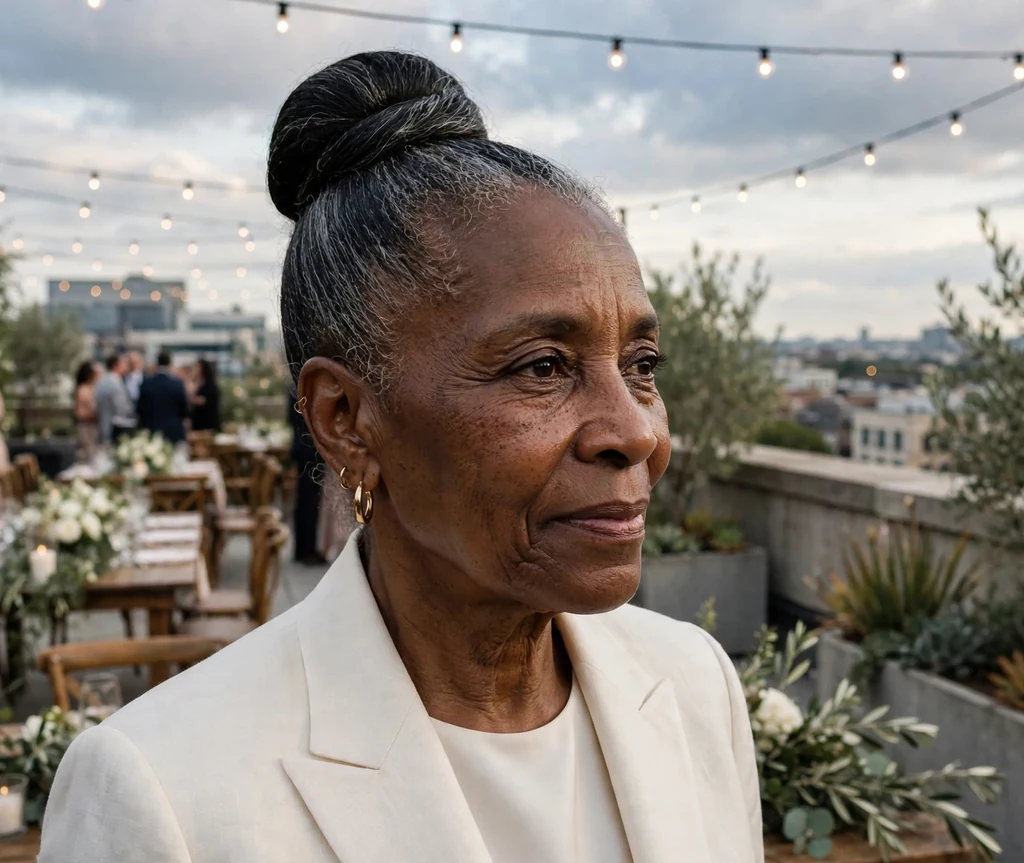 Sophisticated top knot wedding hairstyle on a Black woman in her 60s