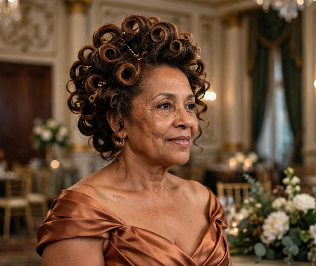 Curly pinned updo wedding hairstyle on a woman in her 50s