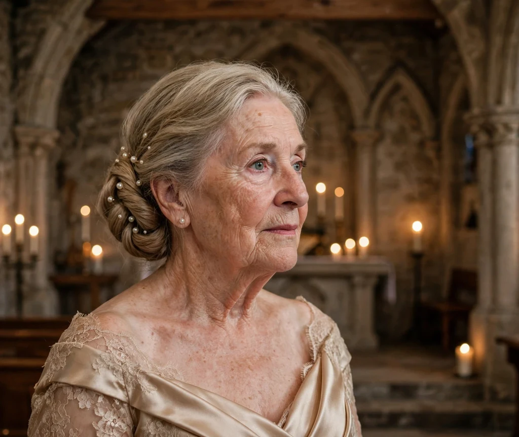 Twisted low chignon with pearl pins on a woman in her 60s